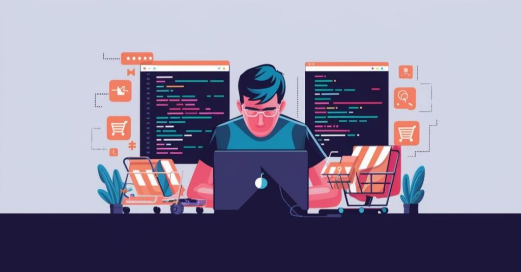 An illustration representing e commerce website development, showcasing various online store elements.