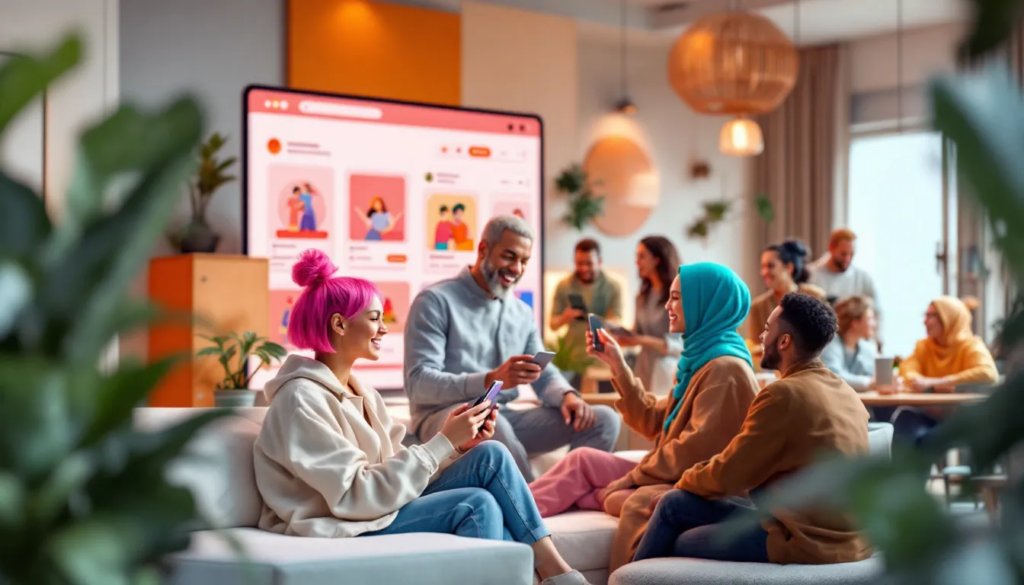 A diverse group of people engaging with each other on the Xiao Hong Shu platform.
