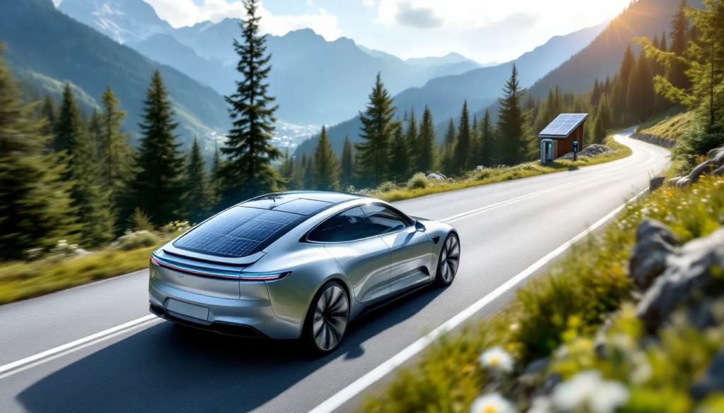 A sleek electric sedan is climbing the scenic mountain road towards a charging station in Zermatt, which is equipped with solar panels, highlighting sustainable energy use. The image captures the vehicle's journey, symbolizing the intersection of eco-friendly transportation and modern technology.