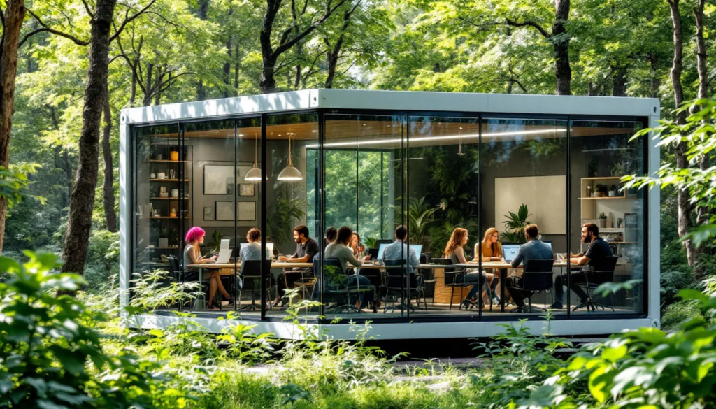 A transparent rectangular container office, featuring half glass walls, is nestled within a lush forest, showcasing realistic people working inside. The scene emphasizes a creative workspace that blends nature with modern design, ideal for effective website design projects where users interact in a visually appealing environment.