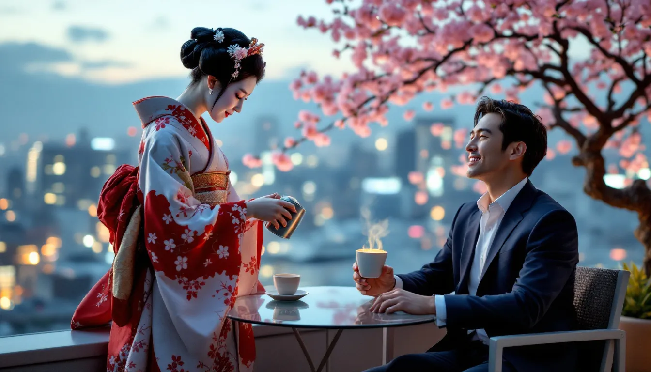 In a surreal setting atop the Osaka Continental Hotel, a Japanese geisha gracefully serves luxury coffee to a corporate guest from Barcelona, with a cherry tree poised to bloom in the background. This unique scene highlights the cultural blend and the exquisite taste of specialty coffees, drawing attention to the rare and expensive coffee offerings from around the world.