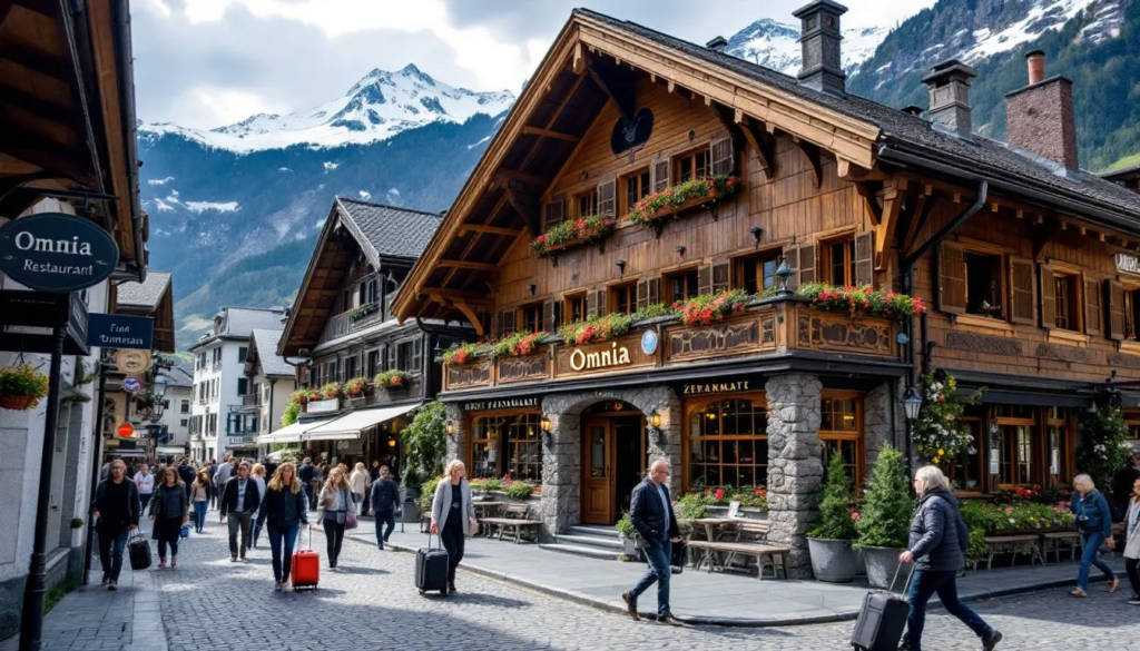 High demand famous beef restaurant in Zermatt, showcasing its vintage architecture amidst a bustling street filled with people. The scene reflects the charm of the area, reminiscent of the second hand watch market, where certain luxury watch brands like Patek Philippe and Audemars Piguet hold their value, much like the historical significance of the buildings in the background.