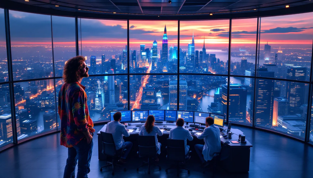 A photo-realistic image depicts a hippy blockchain for web designers gazing out over a bustling data center, where engineers are actively working at their desks. In the background, a large screen displays financial data from the stock exchange, reminiscent of a NASA space launch, highlighting the intersection of emerging technologies and blockchain website development.
