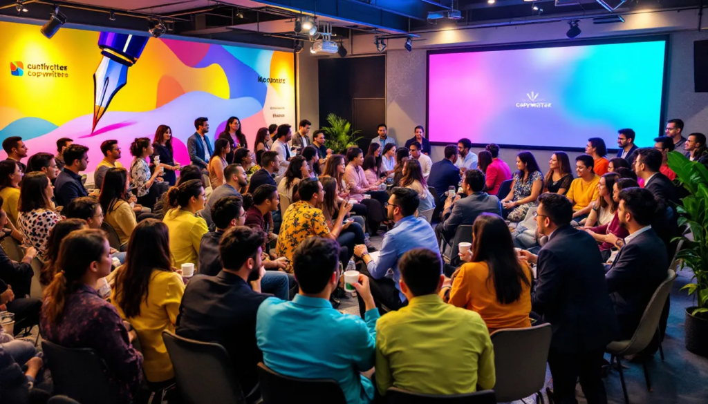 Networking event showcasing copywriters building relationships in the industry.