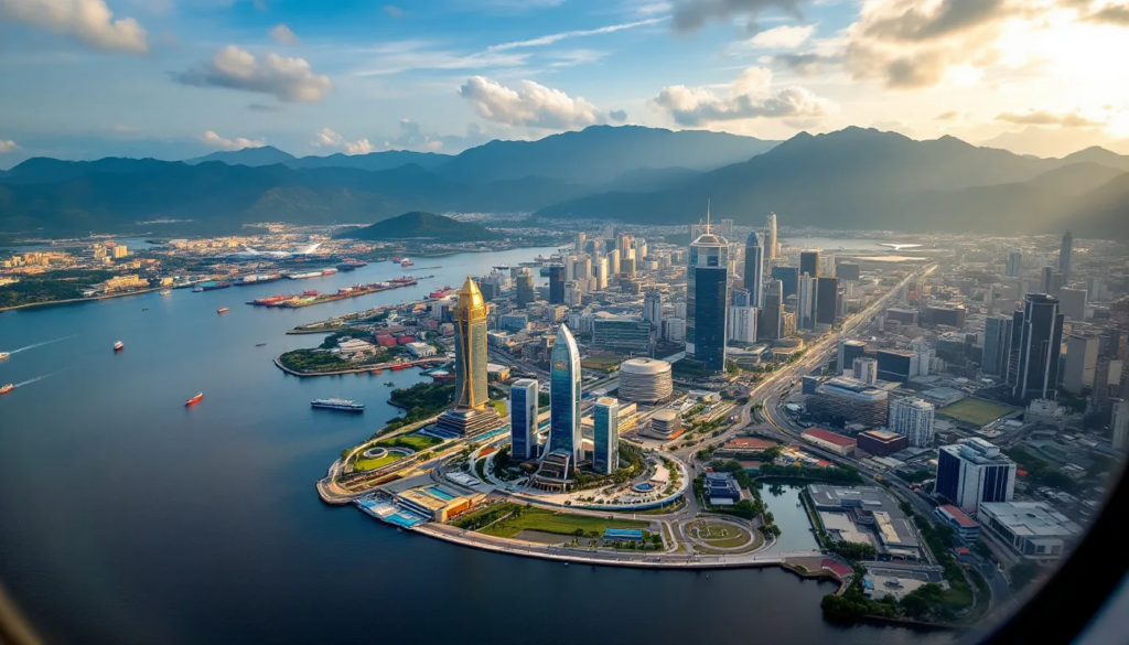 A breathtaking aerial view of Sarawak city in Malaysia, captured from an airplane window, showcases the vibrant urban landscape and lush greenery surrounding the area. This realistic photo highlights the city's unique blend of modern architecture and natural beauty, reflecting the potential for brand growth and recognition in the digital marketing landscape.
