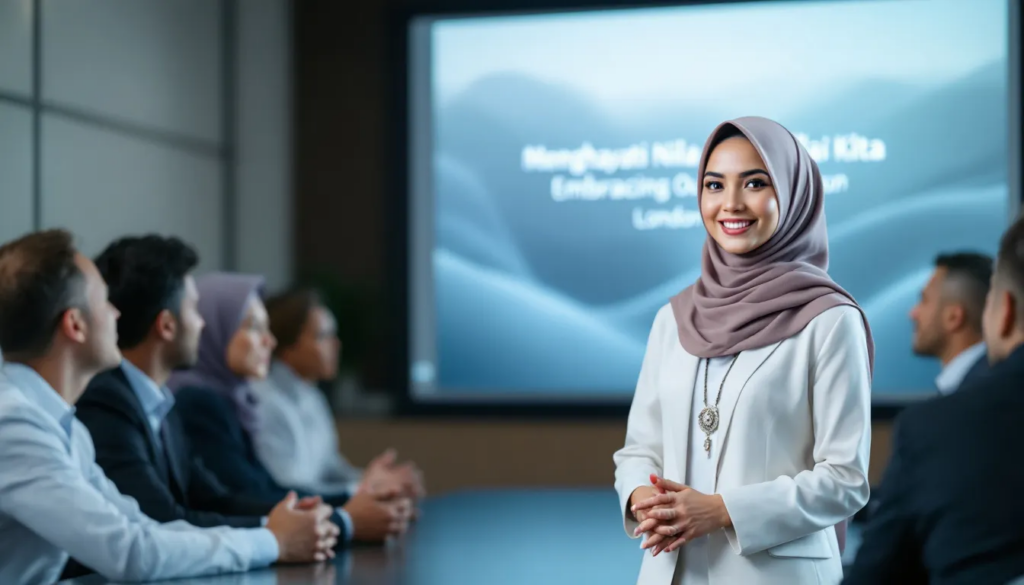 A Malay girl wearing a hijab stands confidently in front of a group of top executives from London, presenting a brand story that highlights innovative marketing strategies and engaging content creation. Her presentation emphasizes the importance of website content writing and effective copywriting services for business growth in the competitive digital landscape..