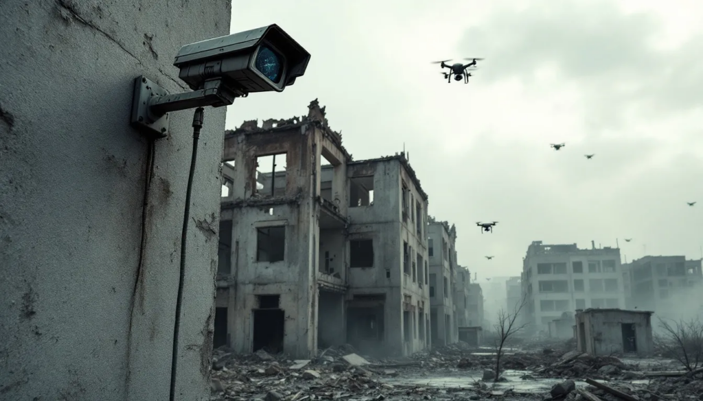 An empty building in a warzone is depicted, featuring camera surveillance and a few flying drones monitoring the area from above. This scene highlights the importance of robust data security measures and risk management in environments where security threats are prevalent.