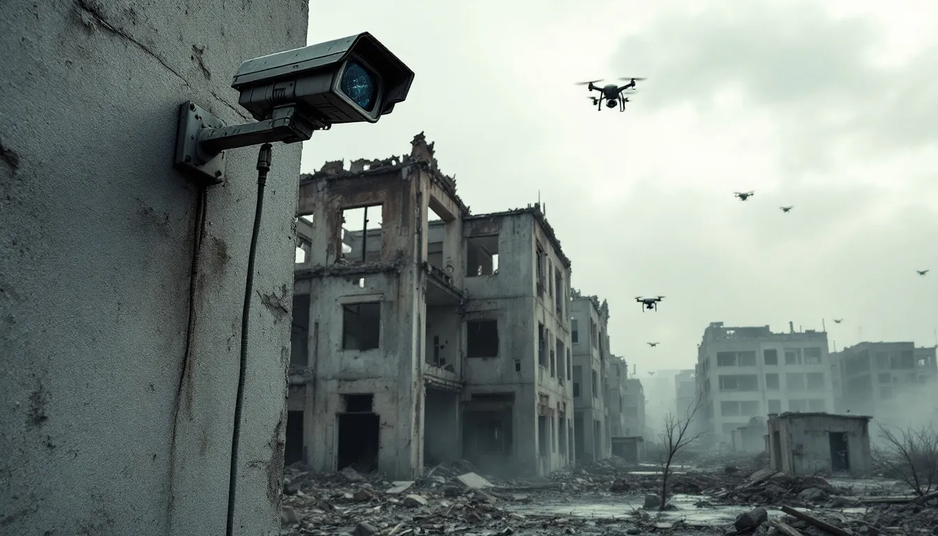 An empty building in a warzone is depicted, featuring camera surveillance and a few flying drones monitoring the area from above. This scene highlights the importance of robust data security measures and risk management in environments where security threats are prevalent.