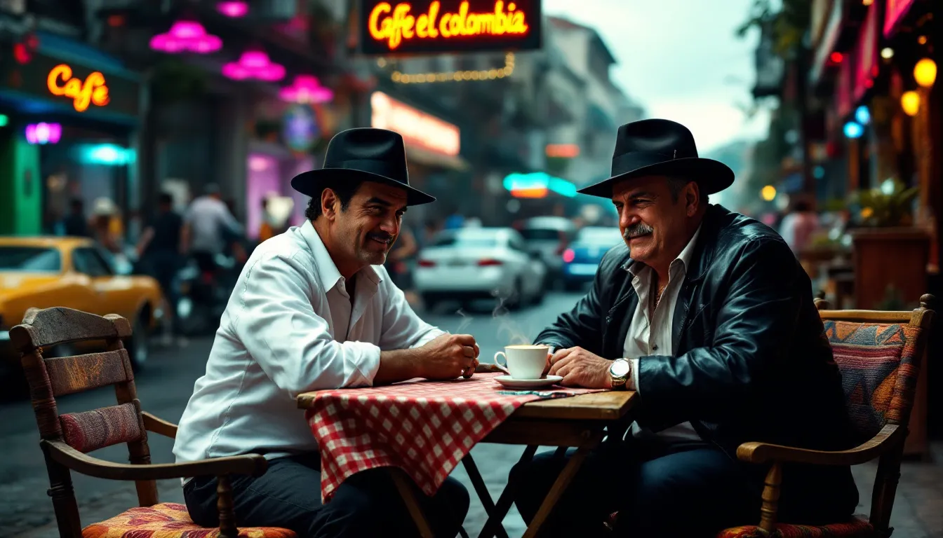 In a bustling street in Bogotá, Pablo and Felix enjoy cups of specialty coffee, surrounded by the vibrant energy of the city. The image captures the essence of luxury coffee culture, hinting at the rare and expensive coffees they might be savoring, such as black ivory coffee or kopi luwak.