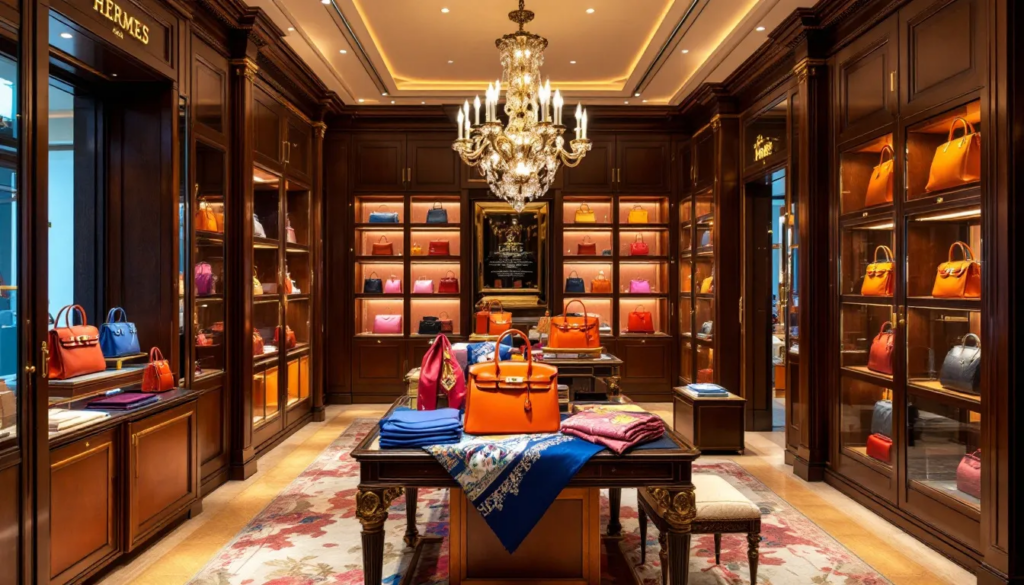 A luxurious Hermès boutique showcasing a variety of Hermès bags, ideal for shopping enthusiasts.
