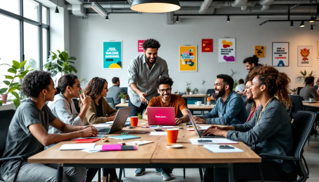A diverse group of copywriters collaborating in a digital marketing setting in Malaysia.