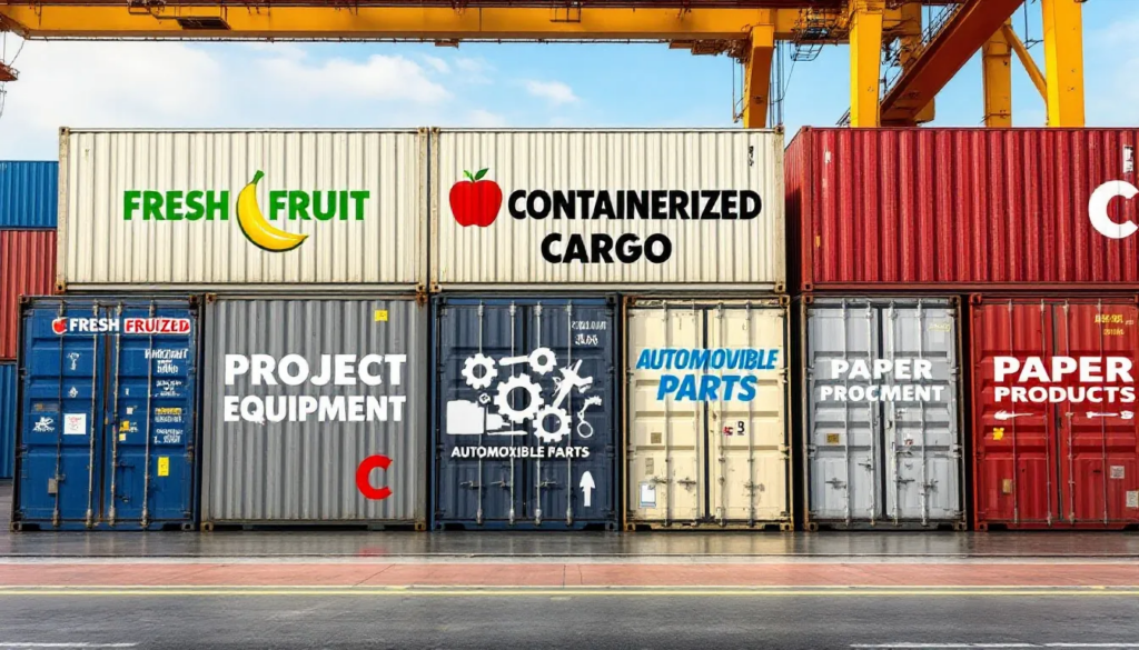 The image depicts a side view of seven shipping containers lined up in sequence near a port, each adorned with relevant keywords related to the shipping industry. This realistic portrayal emphasizes the importance of targeted long tail keywords for effective content strategy and search engine visibility.