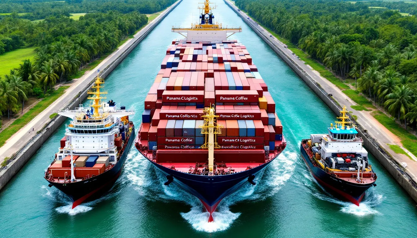 The image depicts a series of shipping containers, prominently labeled with "Panama Coffee Logistics," navigating through the Panama Canal, surrounded by other containers. This scene highlights the global coffee production and logistics, emphasizing the journey of specialty coffees like Panama Geisha coffee and other rare coffee varieties.
