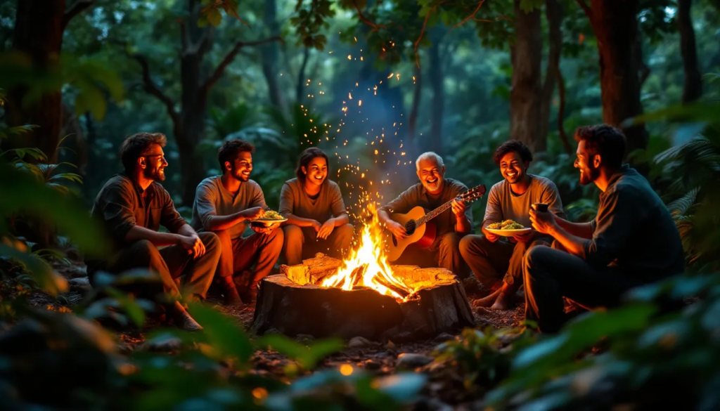 In a vibrant Malaysian rainforest, a diverse group of happy individuals gathers around a warm campfire, engaging in lively conversation that showcases teamwork and camaraderie. The scene captures the essence of team building, with smiles and laughter, highlighting the importance of connection in a digital marketing and copywriting services.
