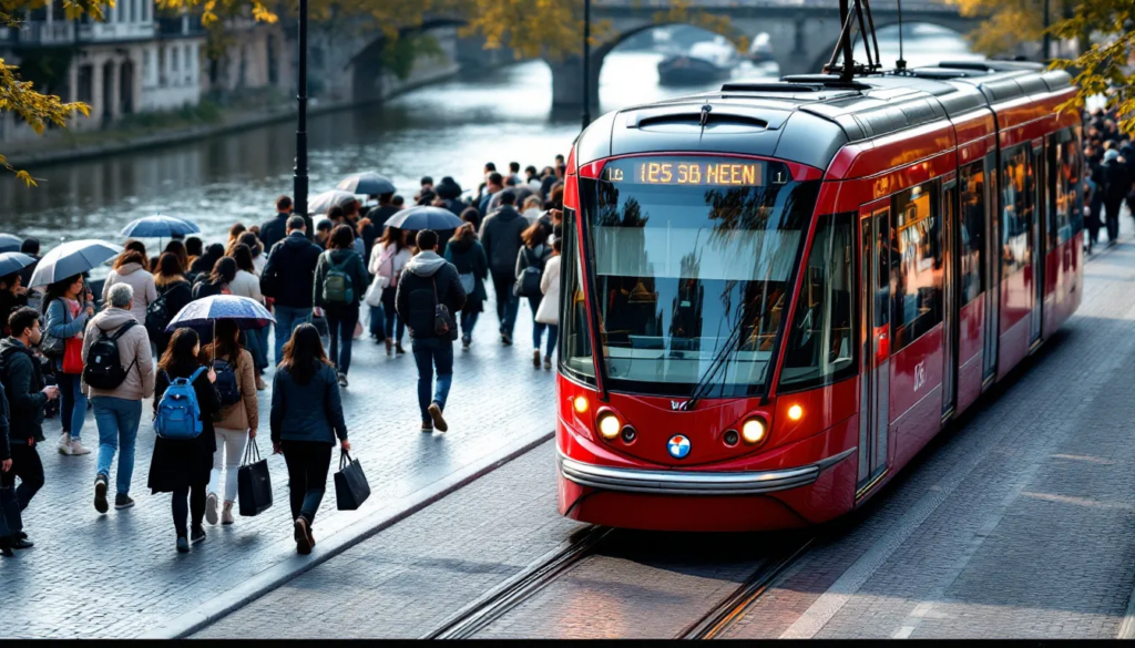 In the image, a bustling tram in Brussels is seen alongside a lively crowd of Asian tourists, all enjoying the view of the famous river. The scene captures the vibrant atmosphere of the city, where luxury and culture intertwine, reminiscent of the elegance and great investment associated with iconic brands like Hermès and their sought-after bags.