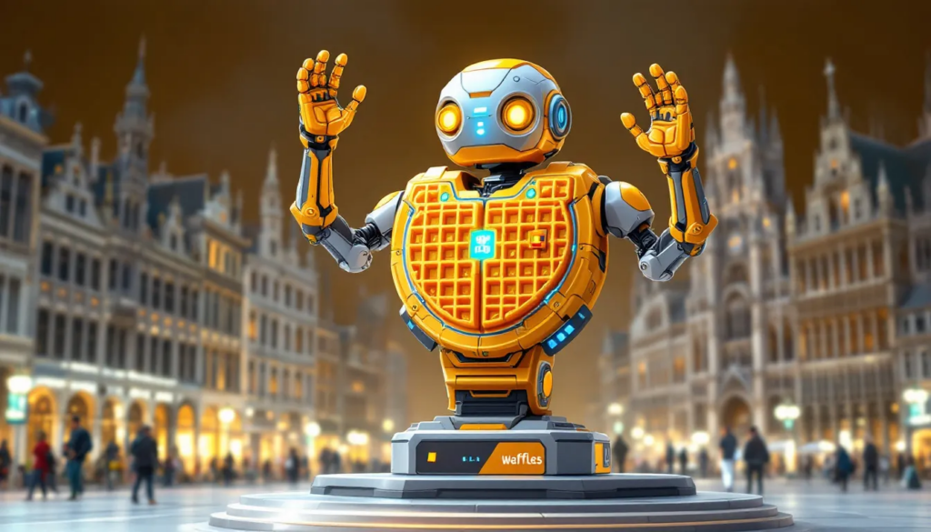 In this outline vector illustration, a robotic waffle is depicted navigating through a cityscape, symbolizing the integration of technology and urban life. The image hints at security themes, suggesting the importance of web application firewalls in protecting web applications from malicious traffic and ensuring only legitimate traffic reaches web servers.