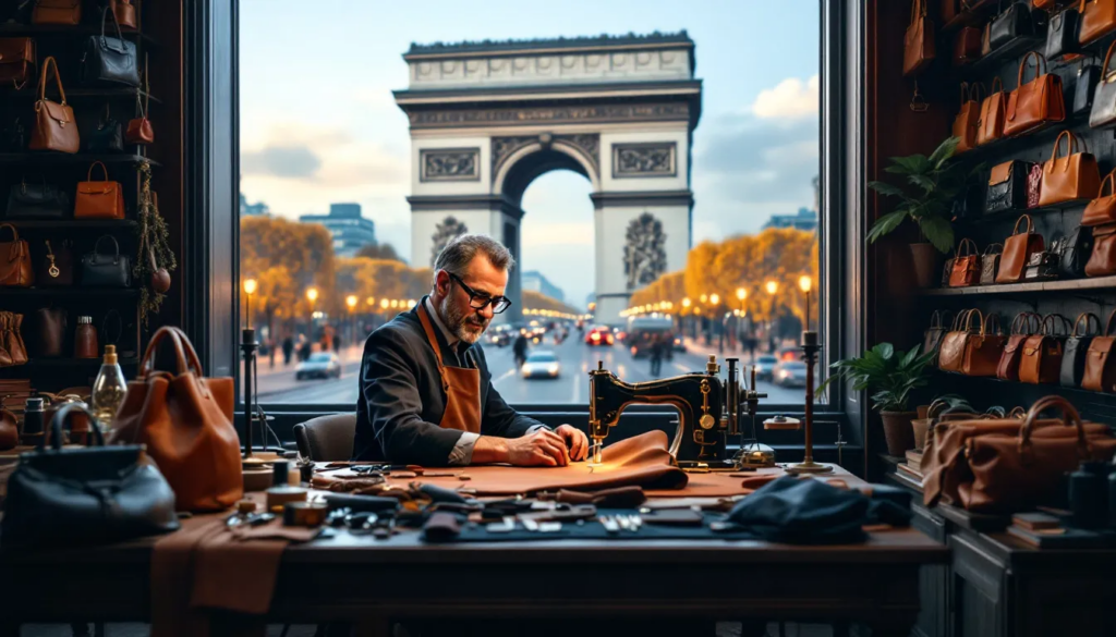 In a luxurious shop, a bespoke handbag tailor is skillfully crafting a handbag, surrounded by elegant displays of Hermès bags, including the iconic Birkin and Kelly bags, with a stunning view of the Arc de Triomphe in Paris. The scene captures the essence of high fashion and craftsmanship in europe, showcasing the luxurious materials used in these sought-after handbags.