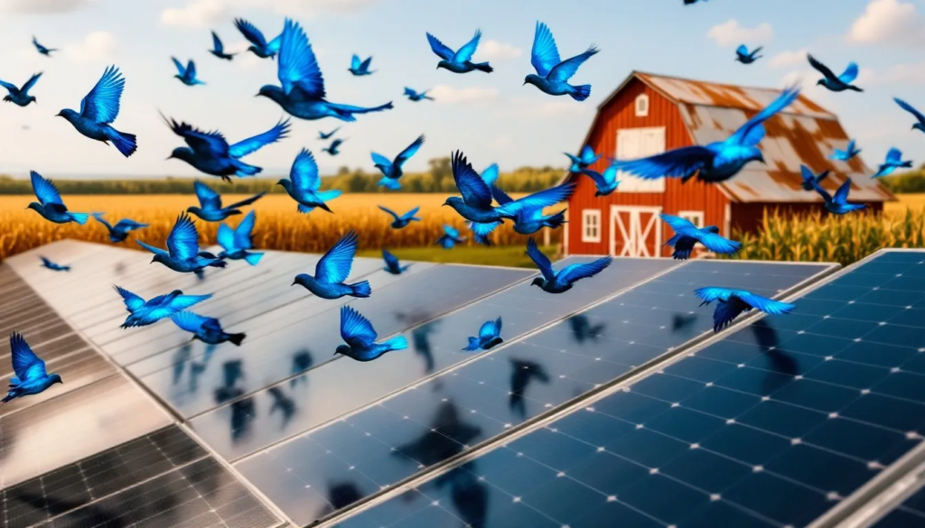 A flock of blue-colored birds gracefully flies over expansive fields of solar panels, with a rustic barn situated next to cornfields in the background, showcasing a harmonious blend of nature and renewable energy. This scene highlights the importance of sustainable practices, which can also be shared across social media platforms for increased engagement and visibility.