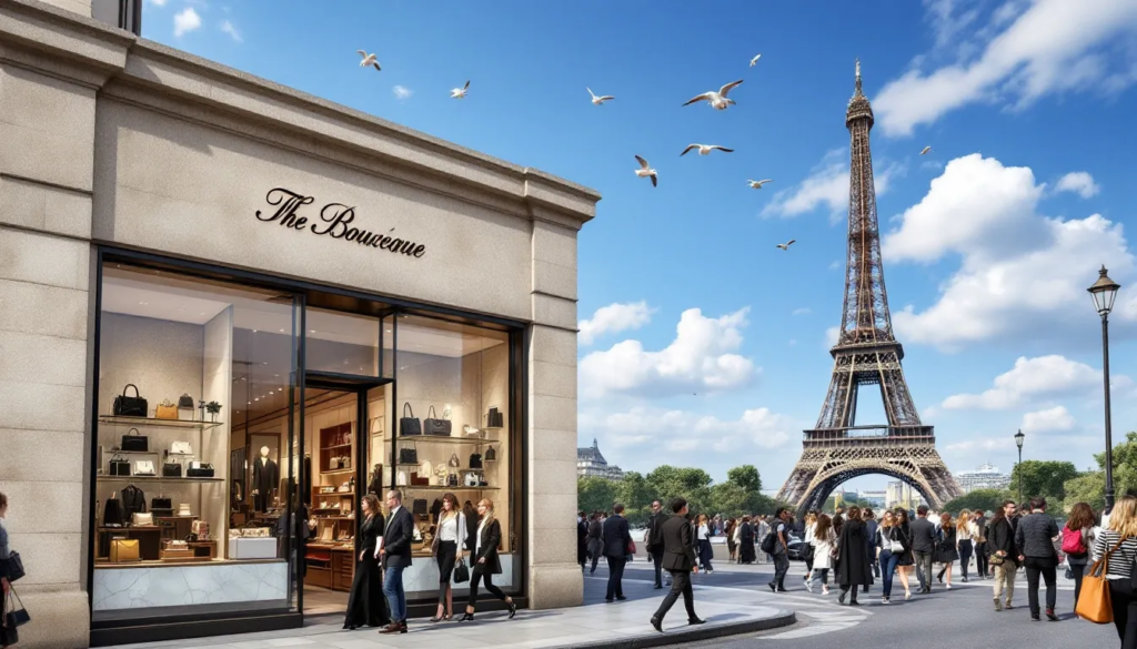 A vibrant street scene in Paris showcases a luxury boutique filled with stylish shoppers looking for actress jane birkin and elegant displays of Hermès bags, including the iconic Birkin and Kelly bags, all set against the backdrop of the Eiffel Tower. The image captures the essence of high fashion and the bustling atmosphere of this chic Parisian locale.