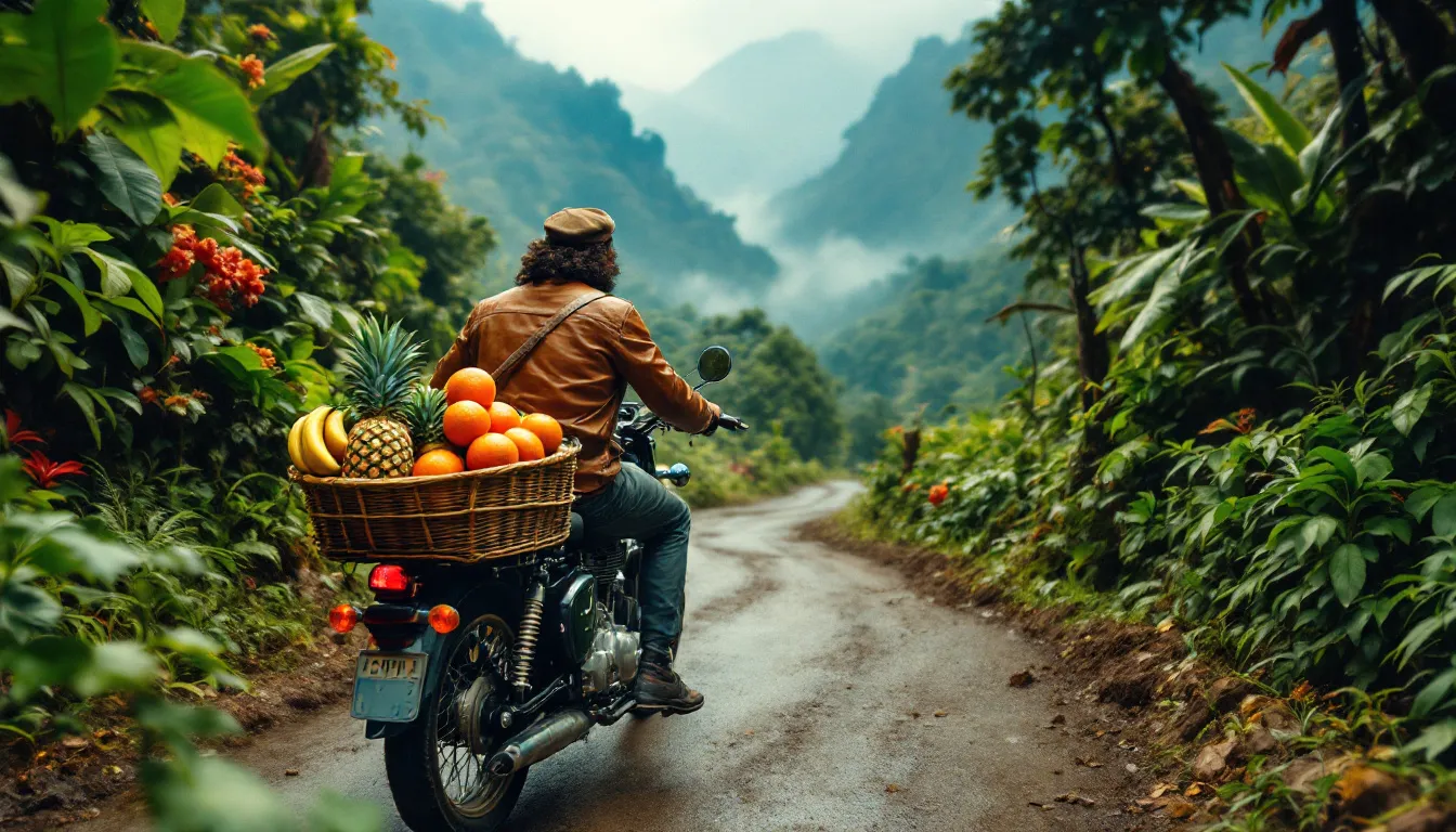 Cik Guva depicted biking up a lush, green mountain surrounded by the dense forests of Guatemala, searching for fresh fruits among the best coffee in the world. The scene captures the vibrant colors of ripe coffee cherries, hinting at the region's rich coffee cultivation and the allure of specialty coffees like kona coffee and geisha coffee.