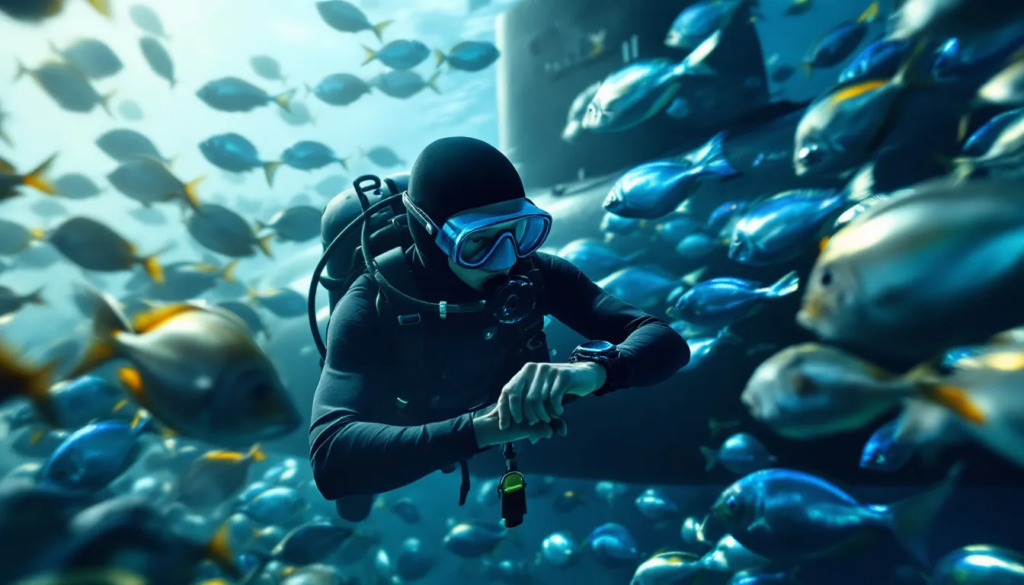 A diver, equipped with scuba gear, is glancing at his luxury watch while surrounded by a massive Dory fish and a submarine in the deep ocean. The scene highlights the diver's luxury watch, showcasing its significance among watch enthusiasts and its potential as a valuable investment in the luxury watch collection market.
