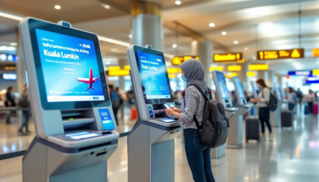 A high-quality, realistic photo showcases self-service kiosks at Kuala Lumpur International Airport, designed to streamline check-in and baggage tagging, thus reducing wait times and enhancing the travel experience. This advancement highlights Malaysia Airlines' commitment to passenger convenience and operational excellence, reinforcing its position as one of the world's fastest growing airlines.