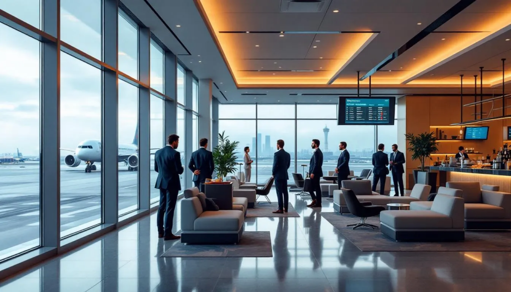 A high-quality, realistic photo captures a premium airport lounge in Paris, filled with corporate leaders in suits checking in and waiting for their next flight. The scene includes large windows overlooking an airplane touching down, highlighting the luxurious atmosphere of the lounge, which reflects the strong brand value associated with the world's fastest growing airline.