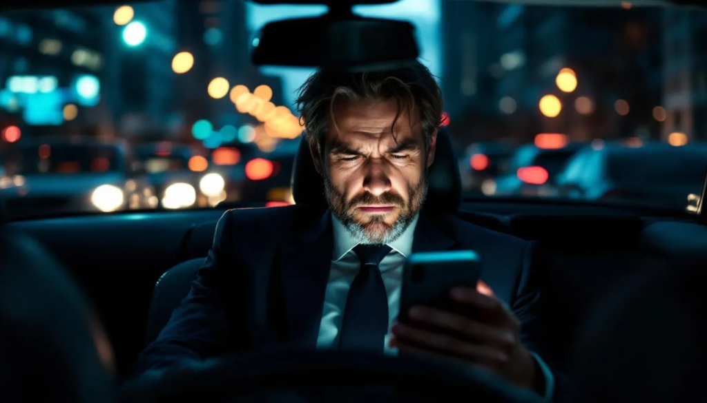A businessman is sitting in a traffic jam, holding his new iPhone and browsing through the content of a corporate website, likely seeking digital marketing services to enhance his business growth. The scene highlights the importance of web design and a strong digital presence for mid-sized companies in Johor Bahru.