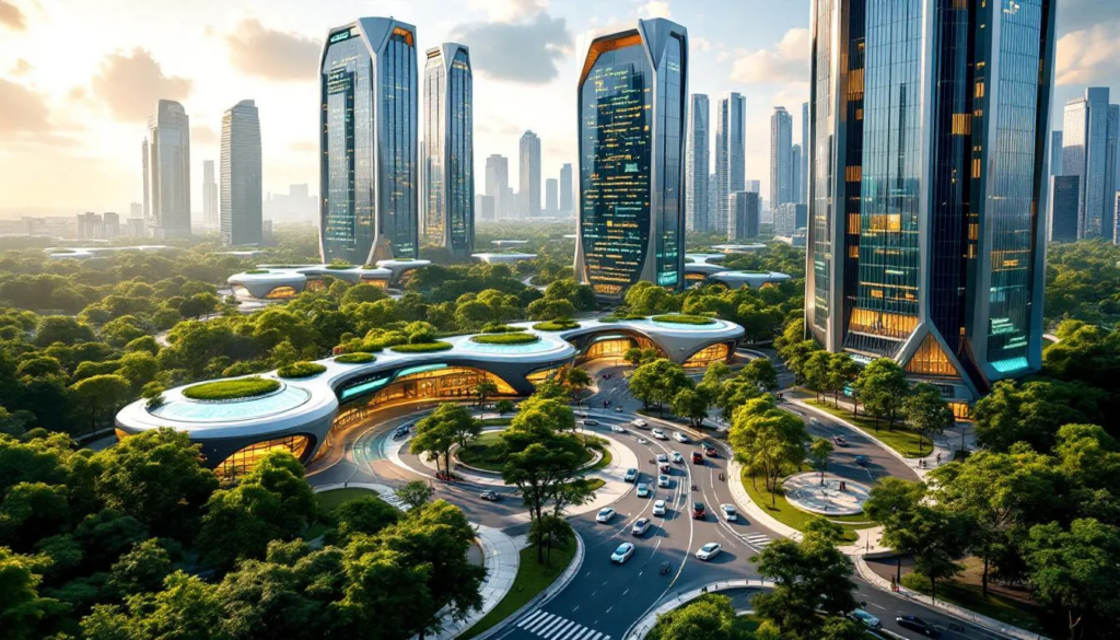 A vibrant forest city in Johor Bahru showcases towering skyscrapers alongside unique data centers, with electric vehicles navigating the streets, highlighting the blend of nature and technology in urban web development. The scene reflects a modern digital presence, emphasizing the importance of web design and digital marketing services in enhancing business growth and attracting potential customers.