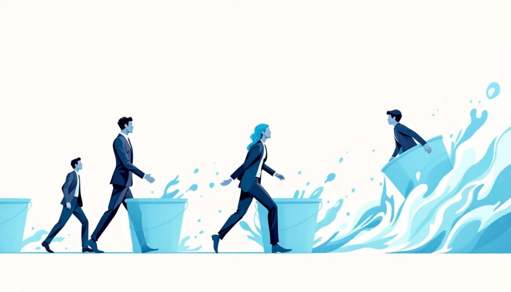 In this vector illustration, four corporate executives are depicted as influencers, lined up and passing buckets of water from left to right, showcasing a collaborative effort reminiscent of a successful link building campaign. The image uses a three-color tone and emphasizes teamwork in the link building process, symbolizing the importance of building relationships and acquiring high-quality links for effective search engine optimization.