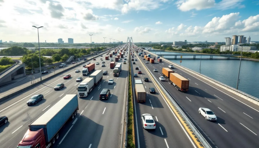 A top-view shot captures the busy Malaysia-Singapore cross border causeway, showcasing multiple lanes filled with container trucks and regular cars commuting during a typical working day. This image reflects the dynamic flow of digital marketing traffic, highlighting the importance of connectivity for businesses and digital presence, corporate website design