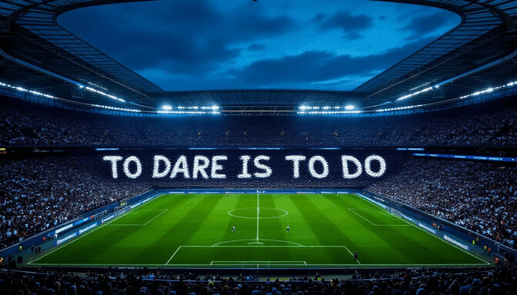 In a dramatic premier league football stadium scene, passionate fans create a striking black-and-white card display that reads 'TO DARE IS TO DO,' under a twilight sky. The modern, transparent roof glows with blue lighting, illuminating the pristine pitch where players gather around the iconic Champions League circle, capturing the electric atmosphere of a high-stakes UEFA Champions League night.