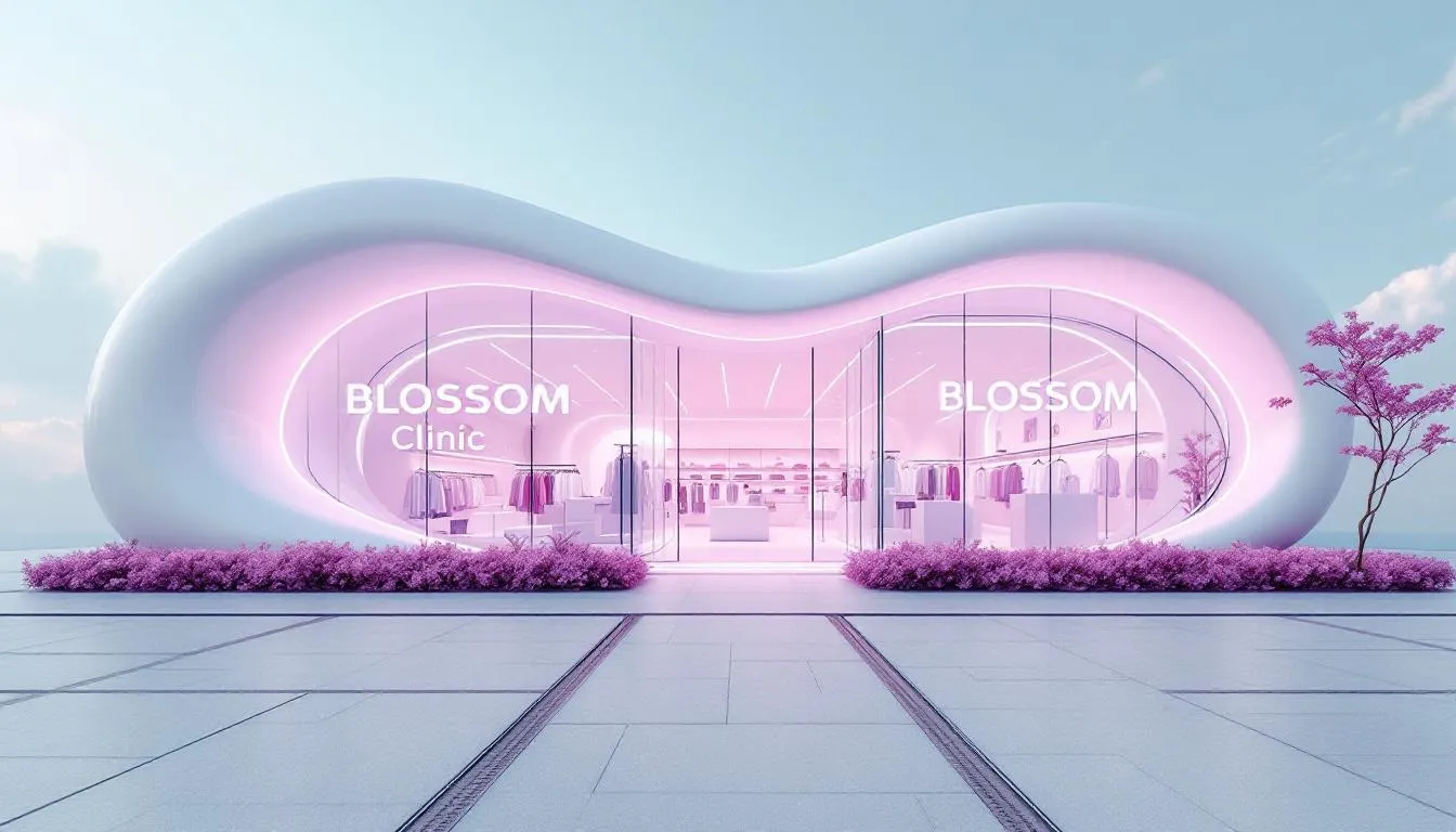 A modern aesthetic clinic storefront features a smooth, curved white exterior with large glass windows illuminated by pink neon lights, creating an inviting entrance. The interior showcases minimalist white shelving and clothing racks, while pink flowering bushes and a pastel blue sky enhance the clinic's contemporary design.