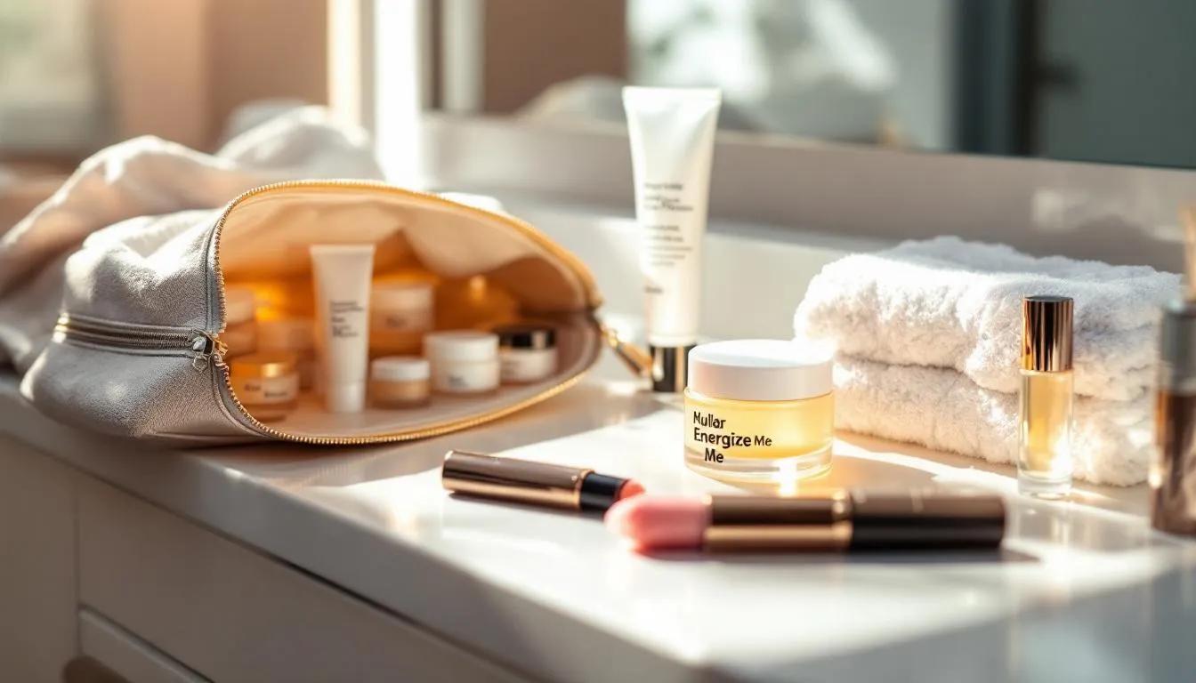In a bright bathroom, a counter is adorned with an open cosmetic bag, glowing skincare jars, and a vibrant lipstick, all illuminated by sunlight from the side. A towel lies nearby, and a jar labeled "Energize Me" adds a touch of aesthetic appeal, creating a visually appealing scene reminiscent of a beauty industry setting.