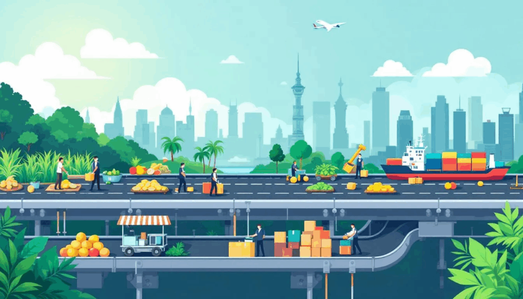 A flat modern vector illustration of agrifood supplier depicts a conveyor belt scene representing the agrifood supply chain, with local Malaysian farms and fresh produce on the left, processing and packaging stations in the middle, and export-ready goods being loaded onto cargo ships and planes on the right, all set against stylized global skylines. The vibrant colors and clean shapes highlight the importance of food production and supply chain resilience in the food industry.