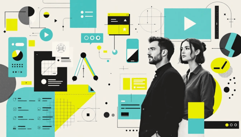wordpress for business. A contemporary editorial collage featuring a female and male figure in black and white, embodying collaboration and human-centered design. The background is filled with layered cut-out photographic elements like UI components and geometric tools, accented with a bold color palette of turquoise, lime green, and neon yellow, reflecting the complexity and structure of the design process.