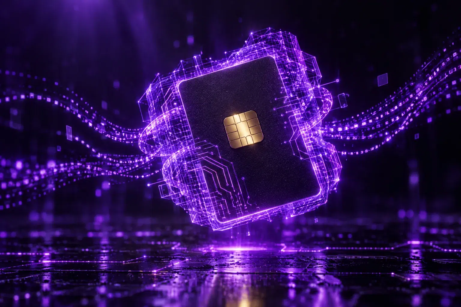 Secure custom-coded WordPress build represented by a hardened chip on a purple circuit field